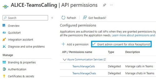 ALICE Teams Calling API Permissions