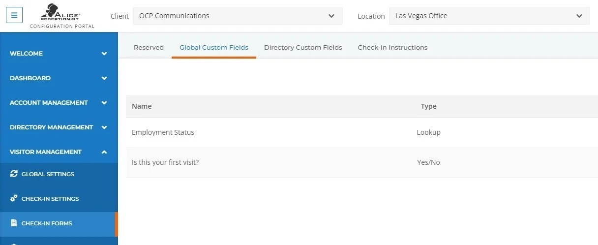 ALICE Portal – Global Custom Fields Tab